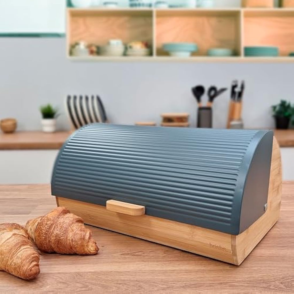 Jolof Store Nordic Bread Box – Bamboo Wood Sliding Lid Bread Bin, Grey