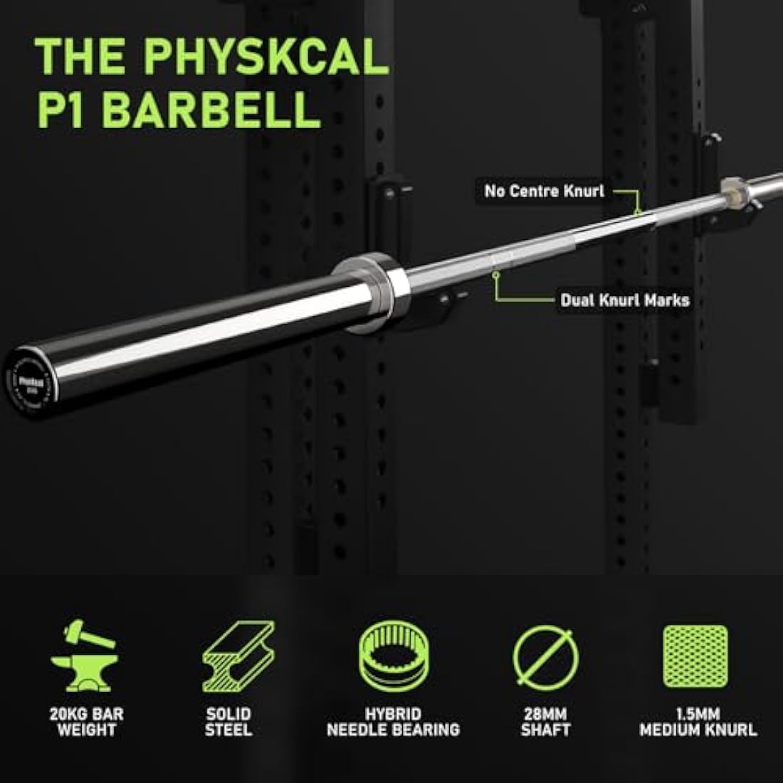 PhysKcal Olympic Barbell - 15kg/20kg Steel Weightlifting & Powerlifting Bar