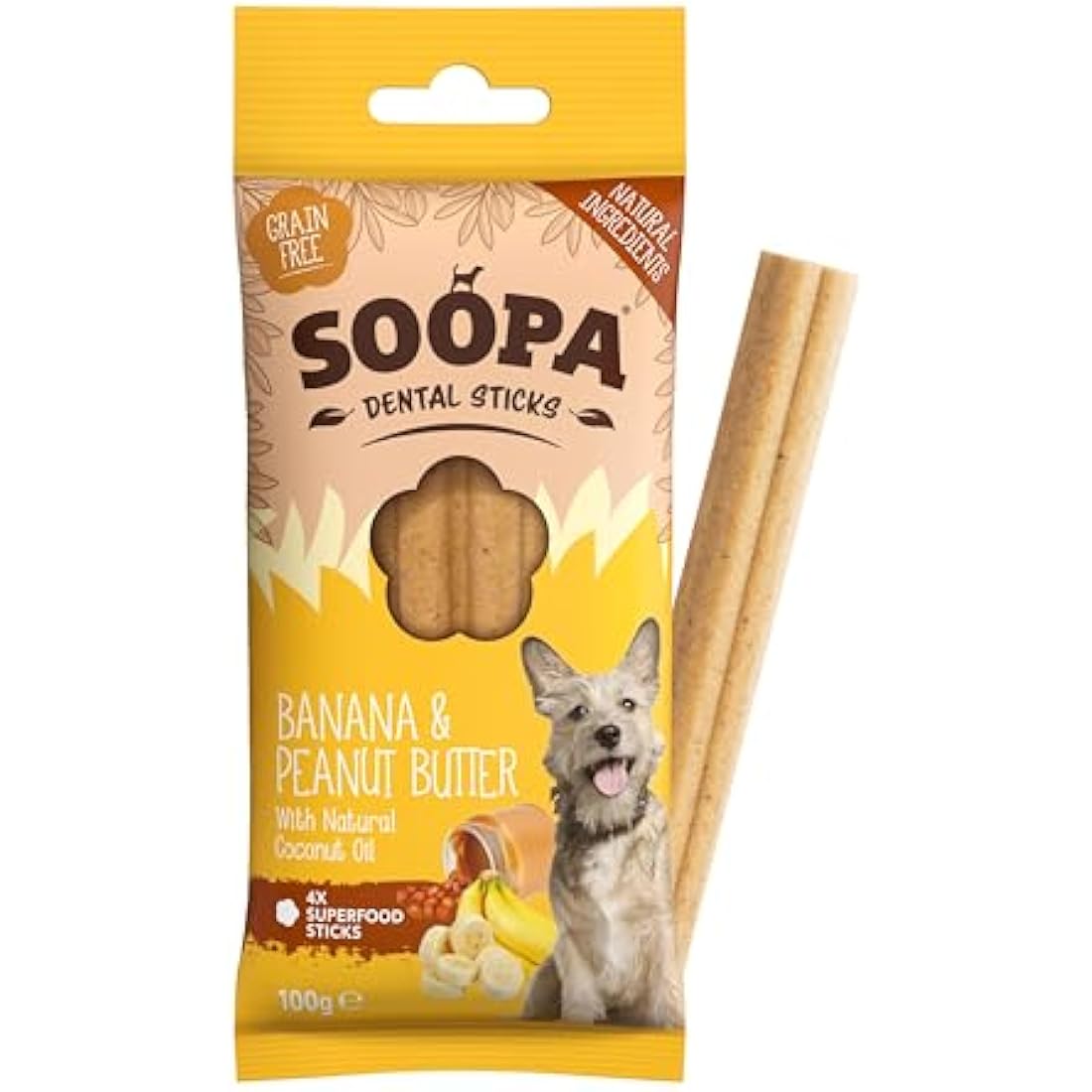 Soopa Grain Free Dental Dog Treats – Banana & Peanut Butter, 4 Sticks