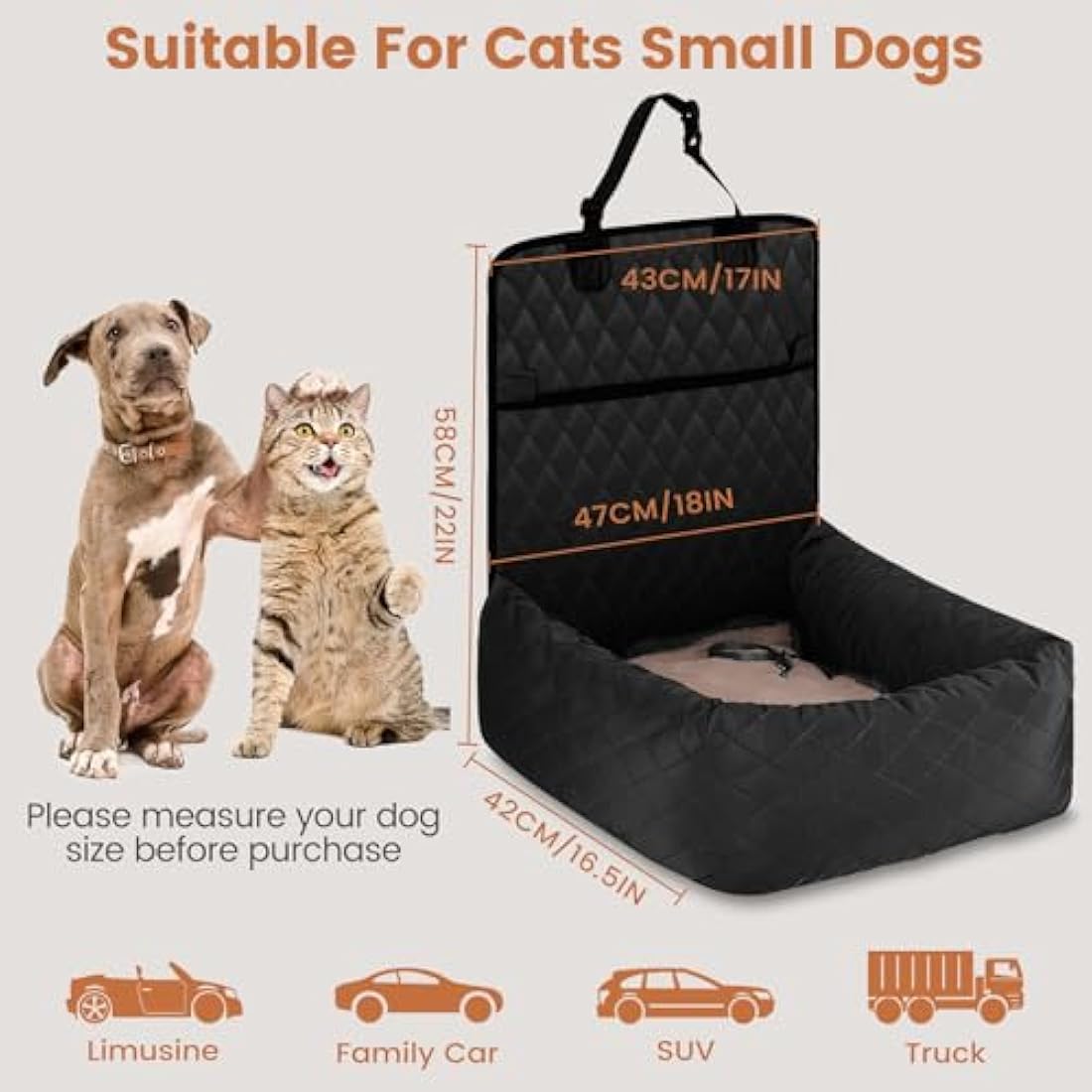 HAPPY HACHI Dog Car Booster Seat - Waterproof Washable Pet Travel Bed