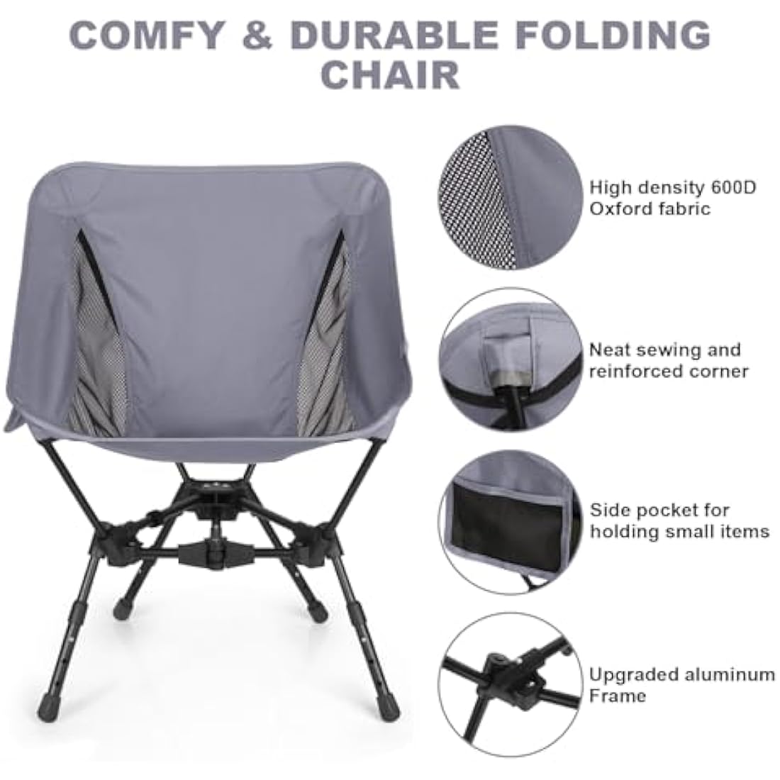 SHANNA Lightweight Folding Camping Chair | Adjustable Height Mesh Seat - Gray