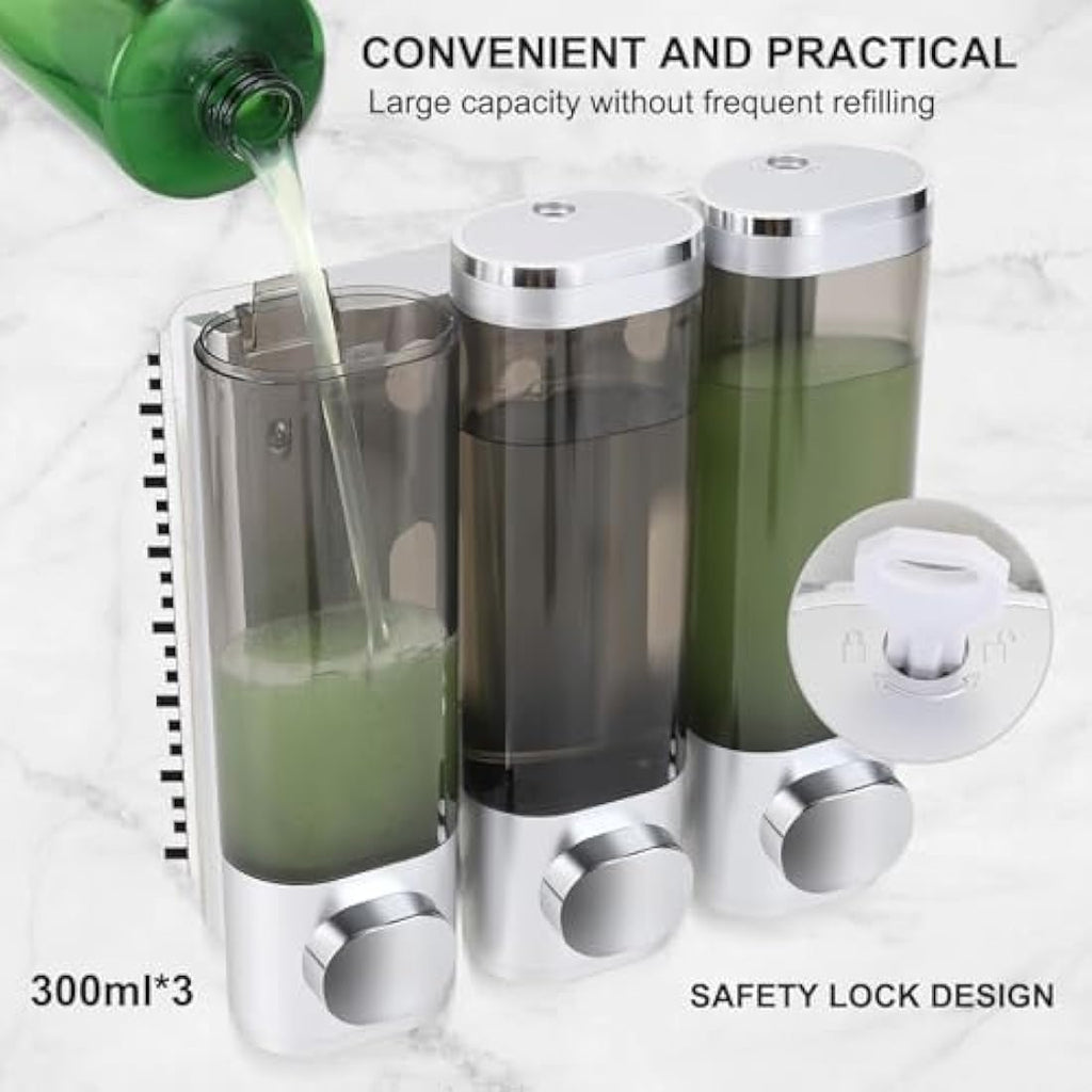 3-Chamber Wall Mount Soap Dispenser – No-Drill Silver ABS