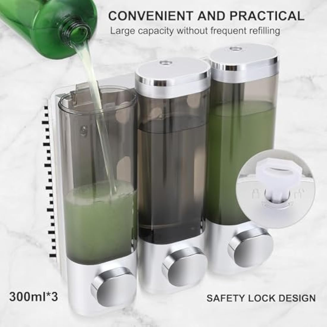 3-Chamber Wall Mount Soap Dispenser – No-Drill Silver ABS