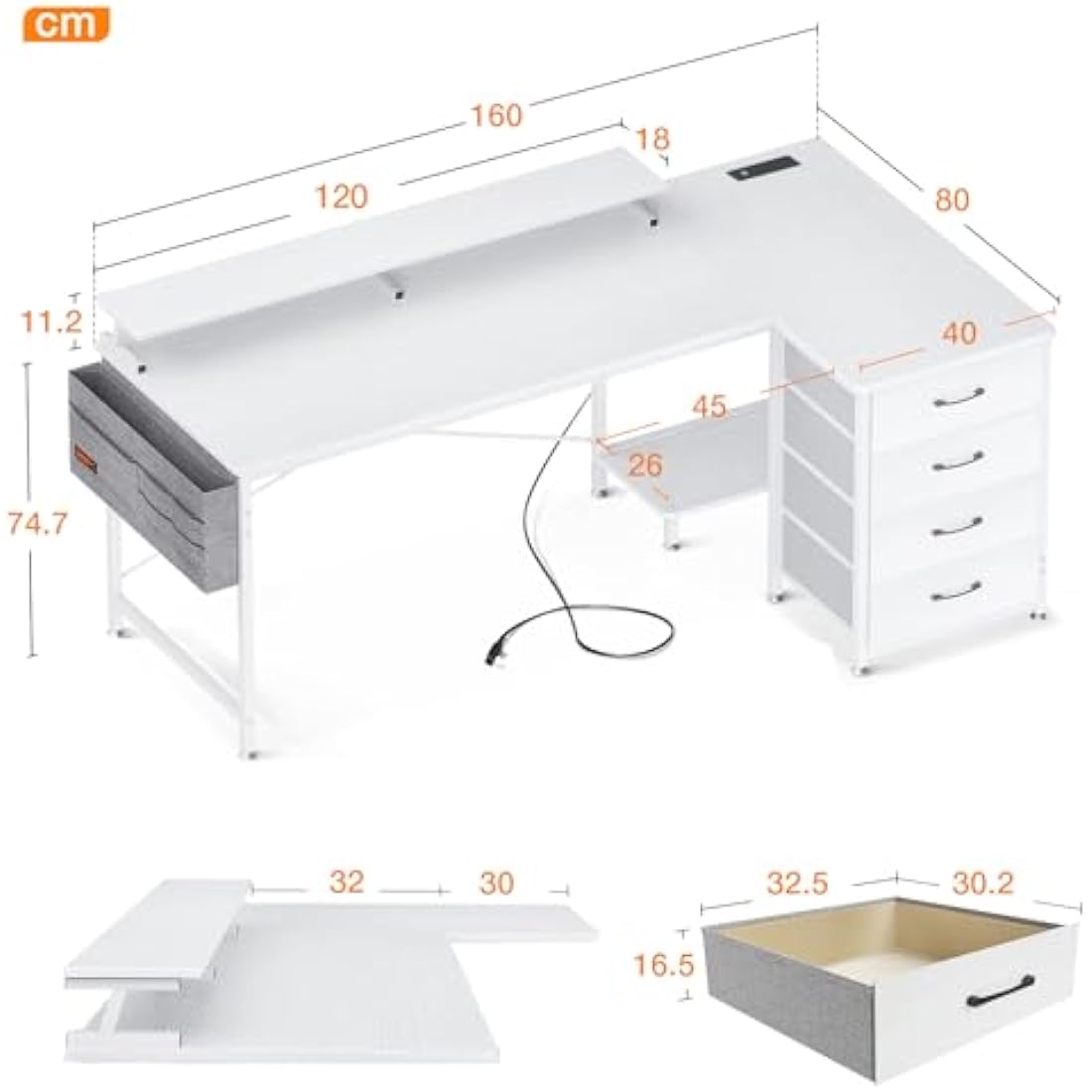 ODK L-Shaped Corner Desk with Drawers, Power Outlets & Monitor Stand - White