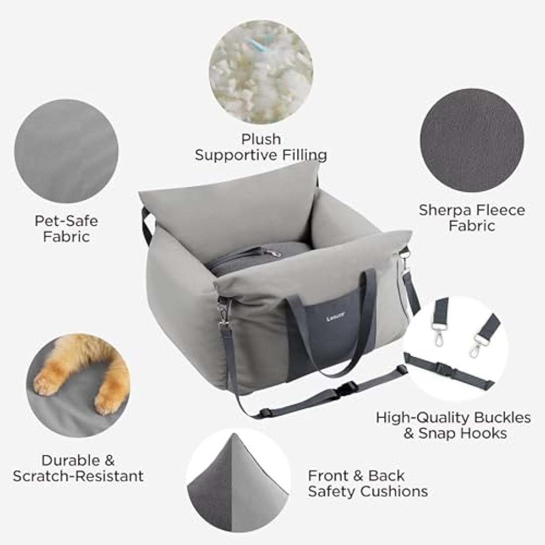 Lesure Dog Car Seat – Waterproof Booster Seat with Safety Leash, Grey
