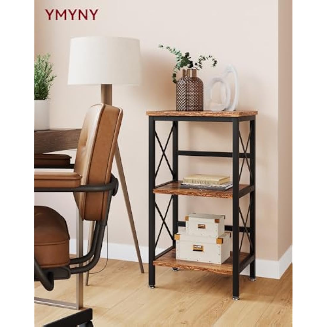 YMYNY 3-Tier Industrial Bookshelf – Rustic Brown Microwave Rack