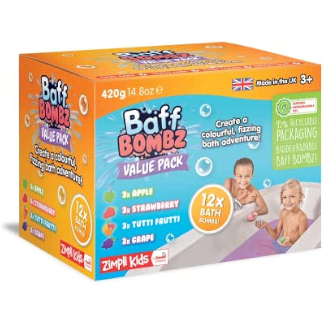 Zimpli Kids Baff Bombz - 12 Pack Vegan Moisturizing Bath Bombs Gift Set
