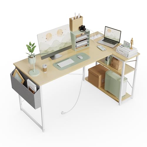 BEXEVUE L-Shaped Computer Desk with Power Outlets & Storage Shelves