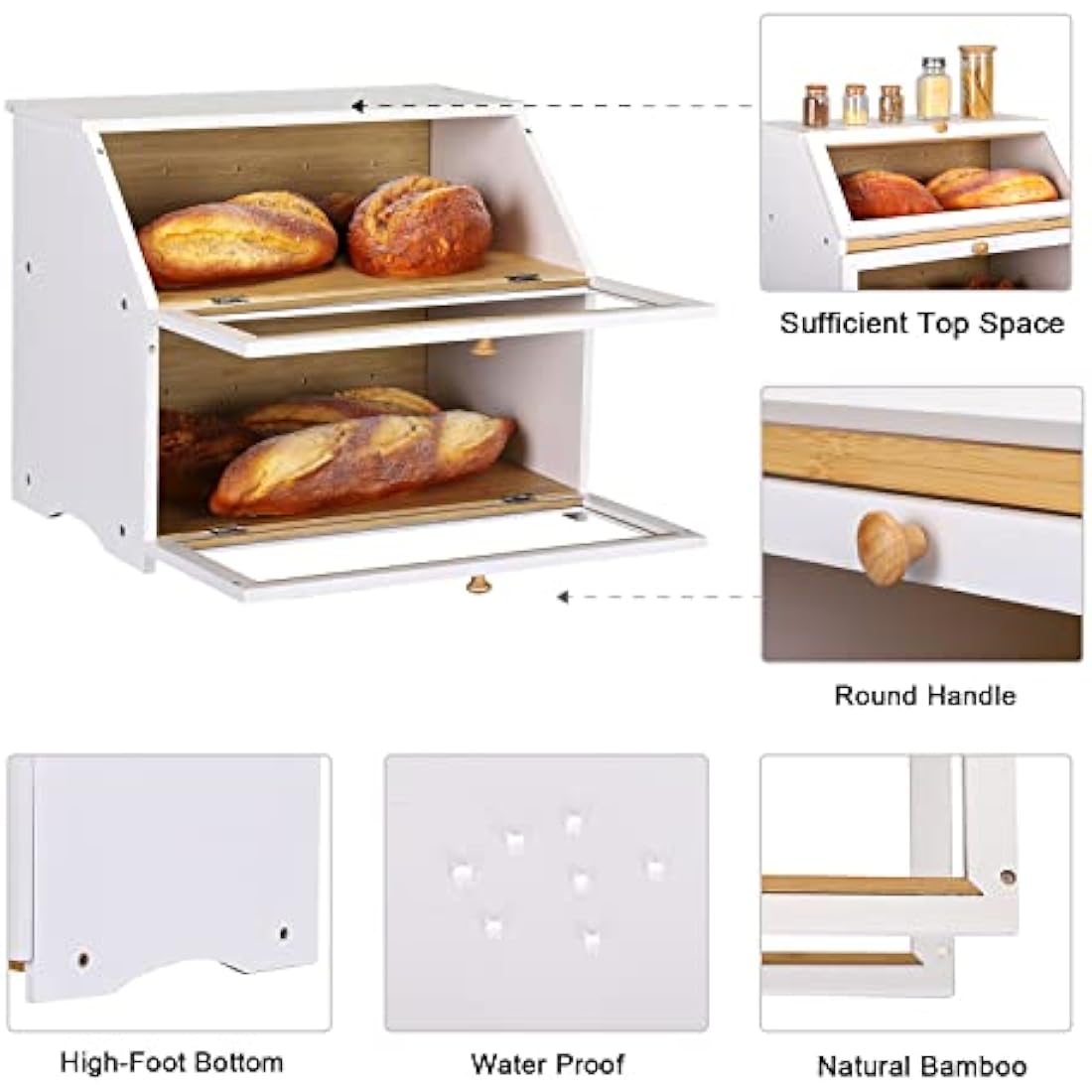 Leader Accessories Large 2-Layer Bamboo Bread Box – White Kitchen Storage