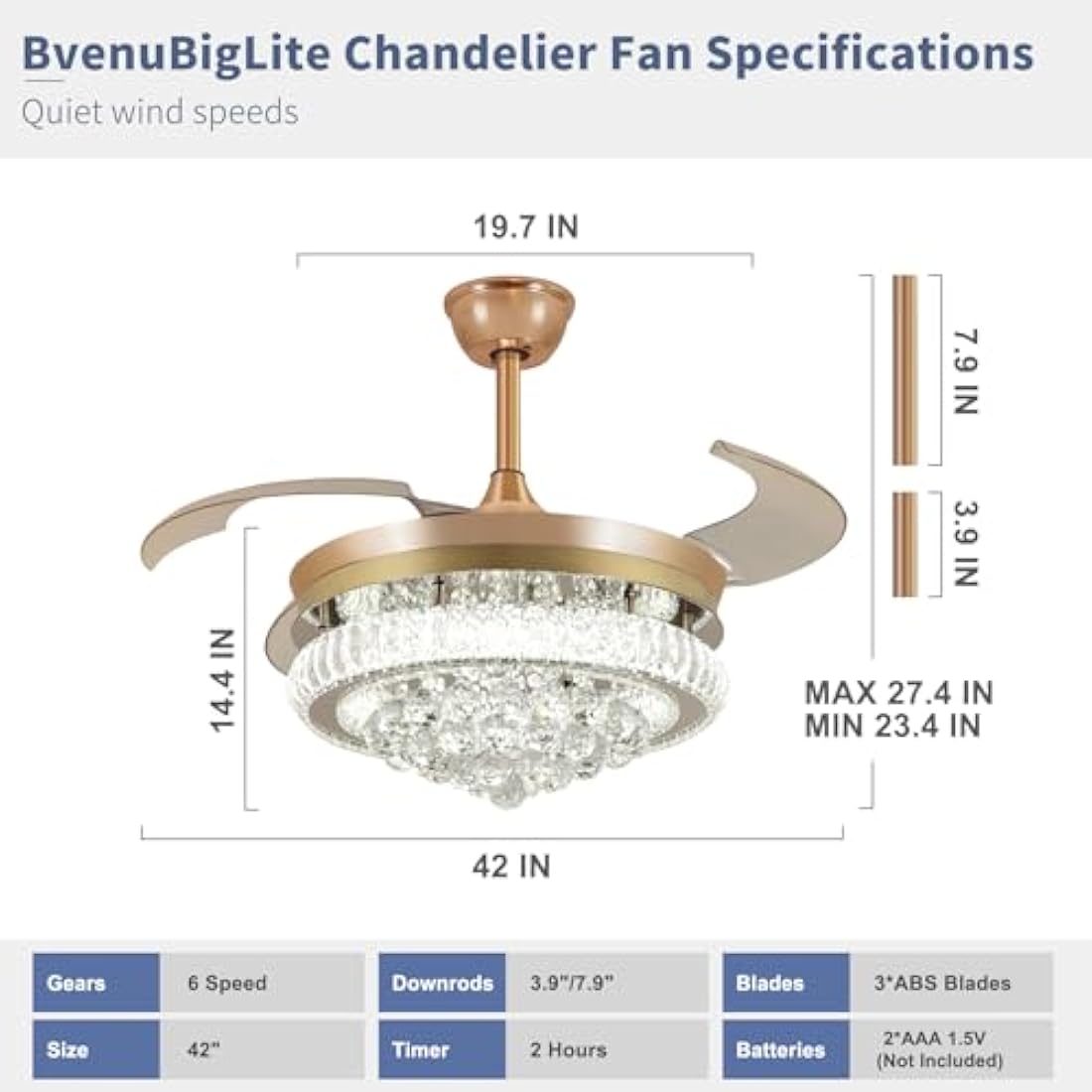 Depuley 42" Smart Crystal Ceiling Fan – Retractable Dimmable Fandelier