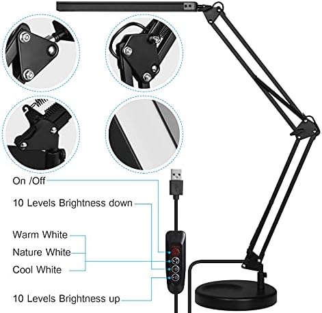 SKYLEO LED Desk Lamp – Swing Arm Clamp Light with 3 Modes & Base