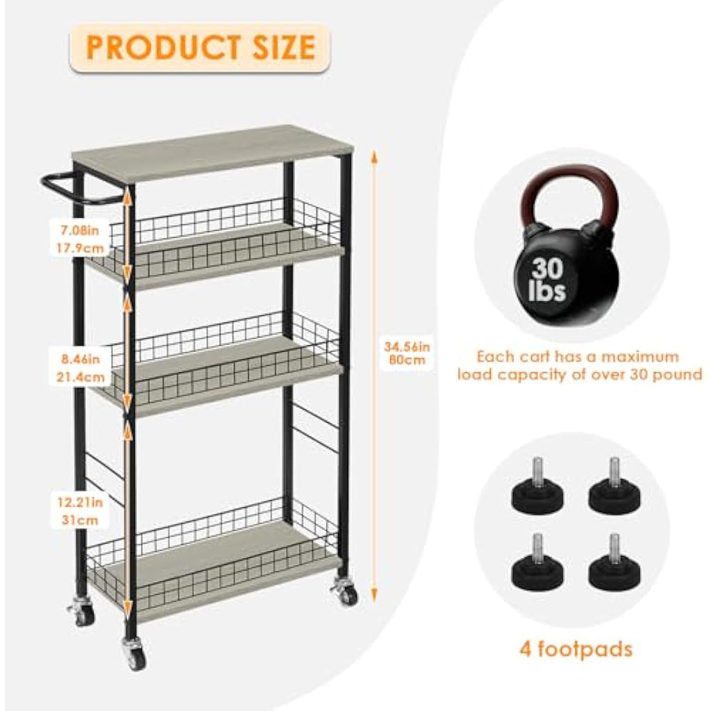 Jolof Store 4-Tier Slim Rolling Kitchen Storage Cart with Wood Top – Grey