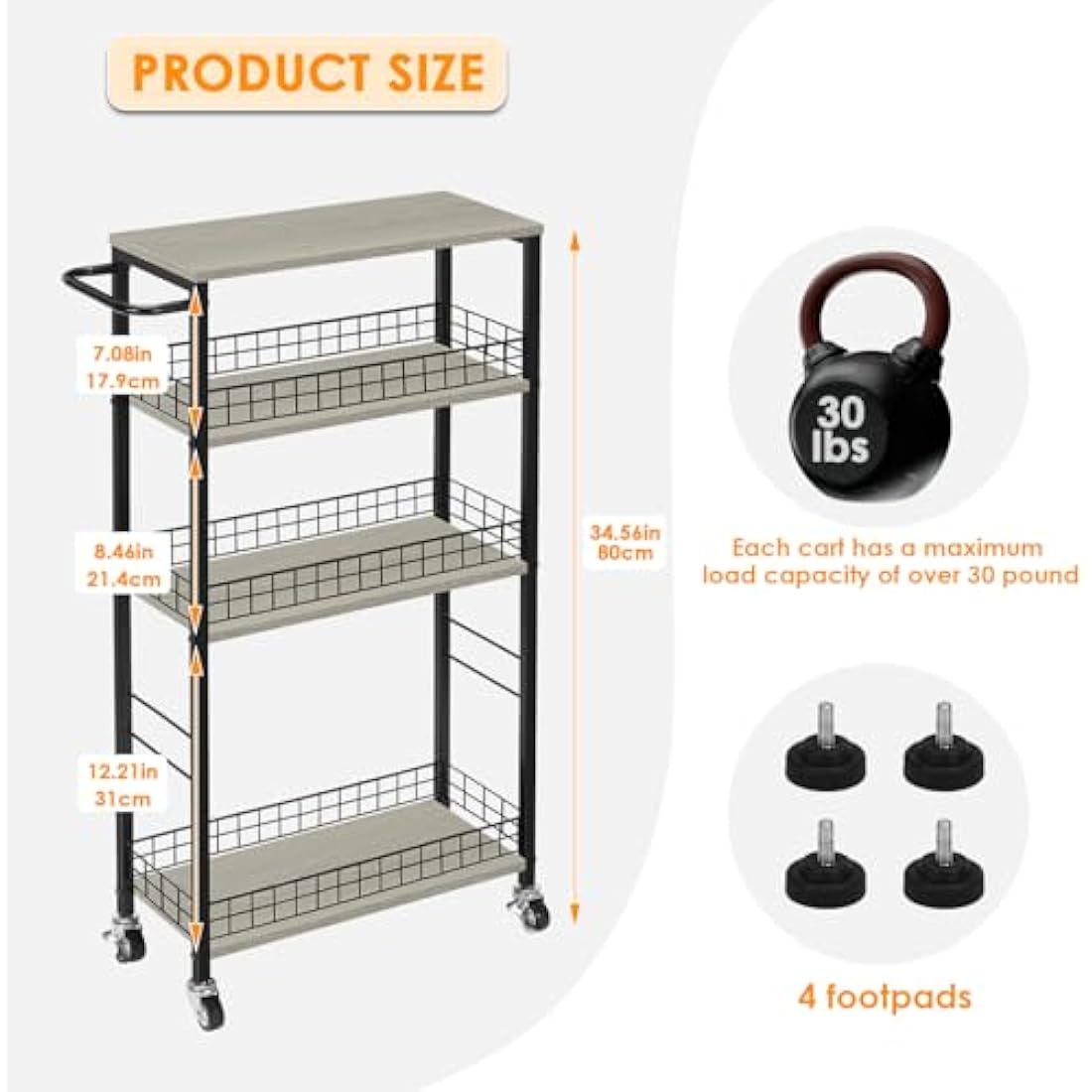 Jolof Store 4-Tier Slim Rolling Kitchen Storage Cart with Wood Top – Grey