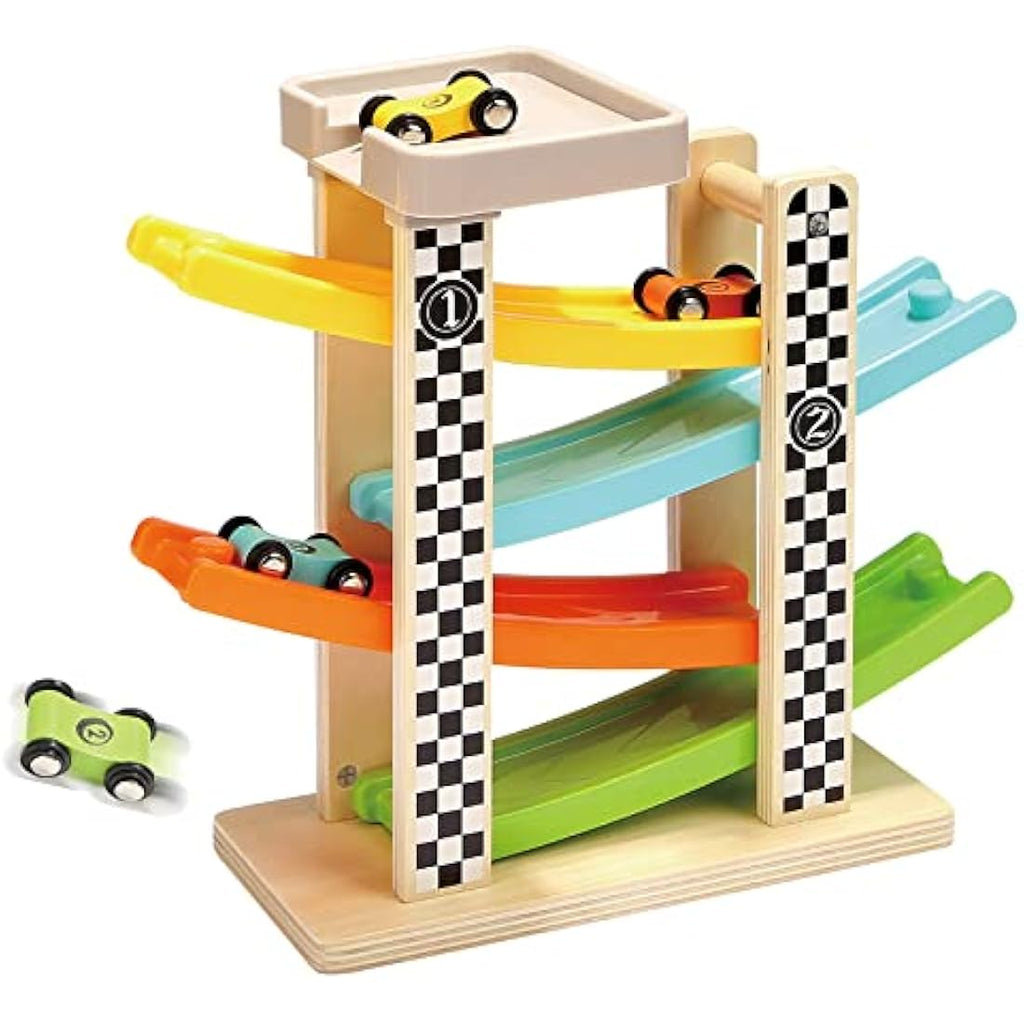 Top Bright Wooden Car Ramp Toy – Educational Toddler Gift with 4 Cars