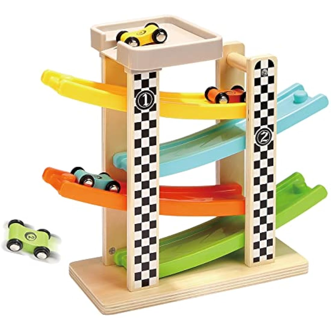 Top Bright Wooden Car Ramp Toy – Educational Toddler Gift with 4 Cars