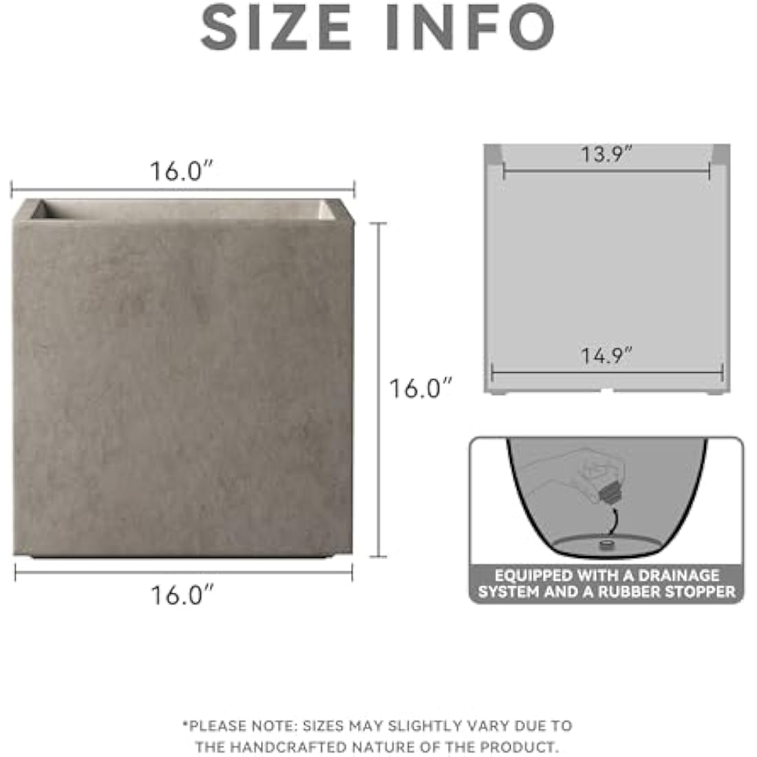 Kante Modern Square Concrete Planter – Weathered Finish, 16-Inch