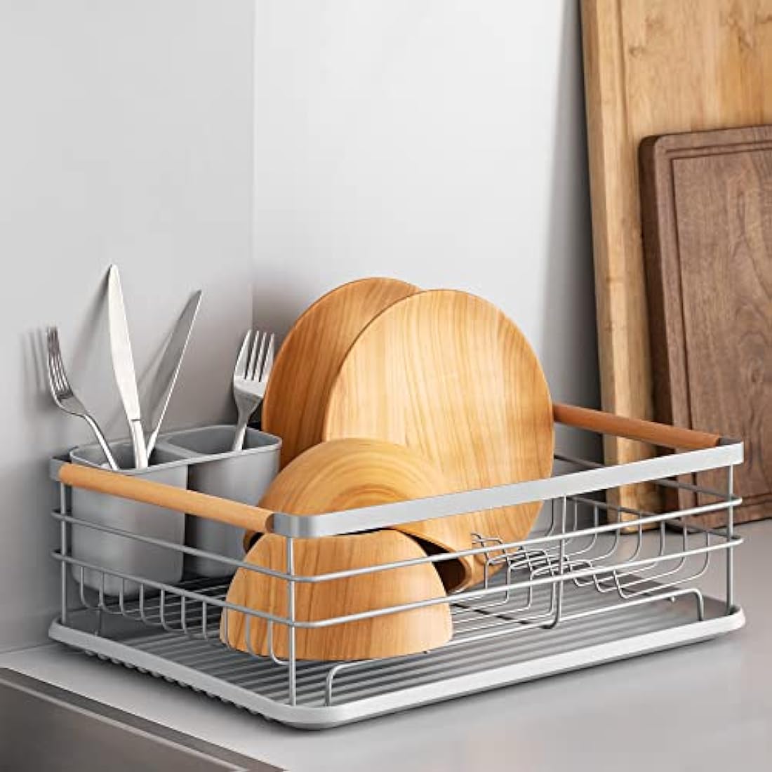 Navaris Dish Drainer Rack – Grey Iron with Beechwood Handles and Tray