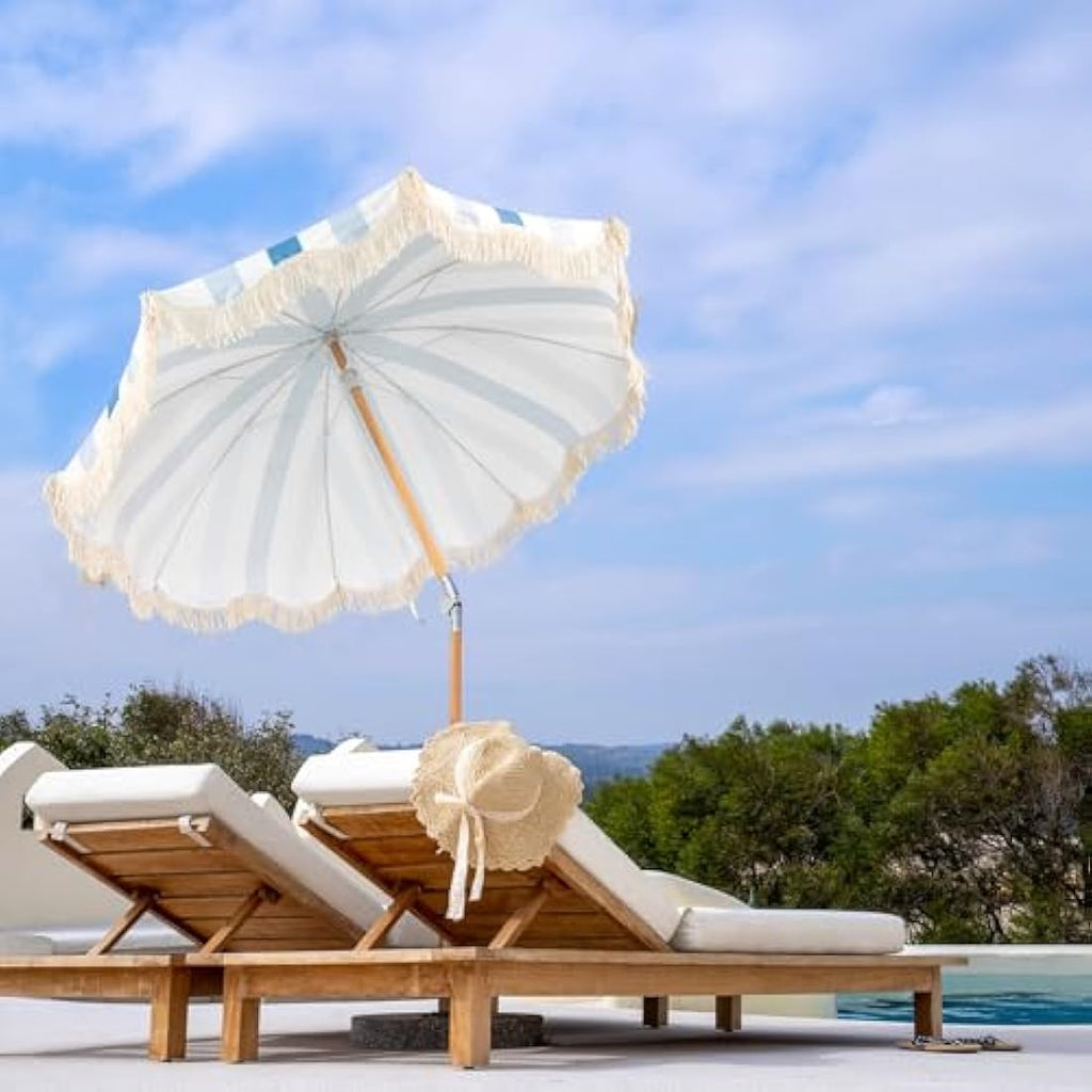 Mansader 2M Wood Garden Parasol | Boho Tassel Patio Umbrella UPF 50+