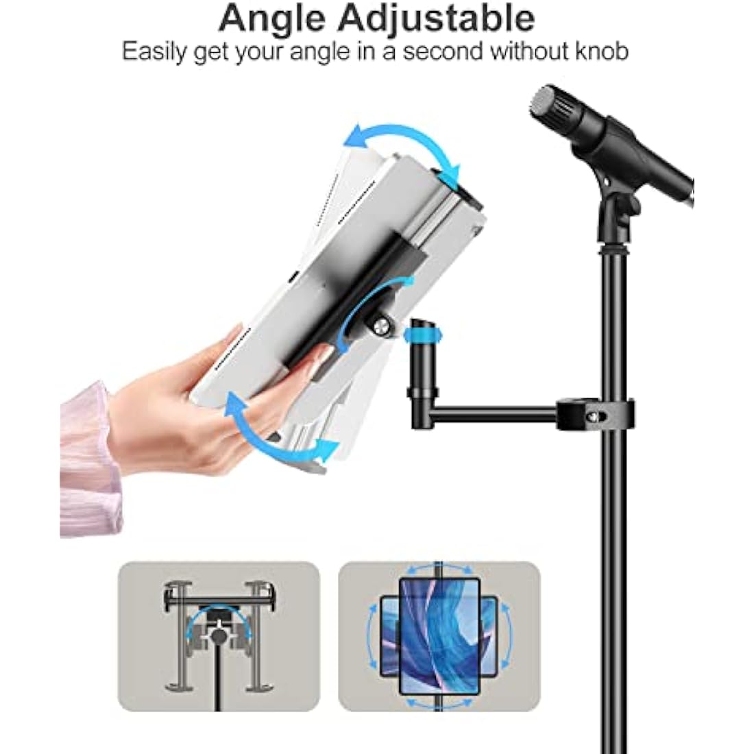 Elitehood Metal iPad Mic Stand Holder - 360° Swivel Tablet Mount, Black