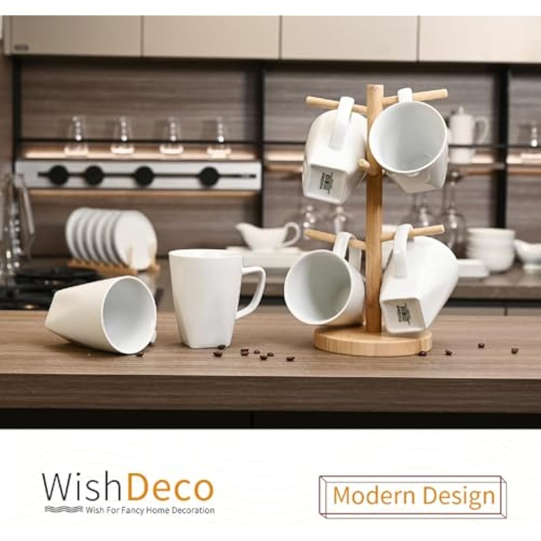 WishDeco Porcelain Coffee Mugs Set of 6 | 14oz White Tea Cups with Handle