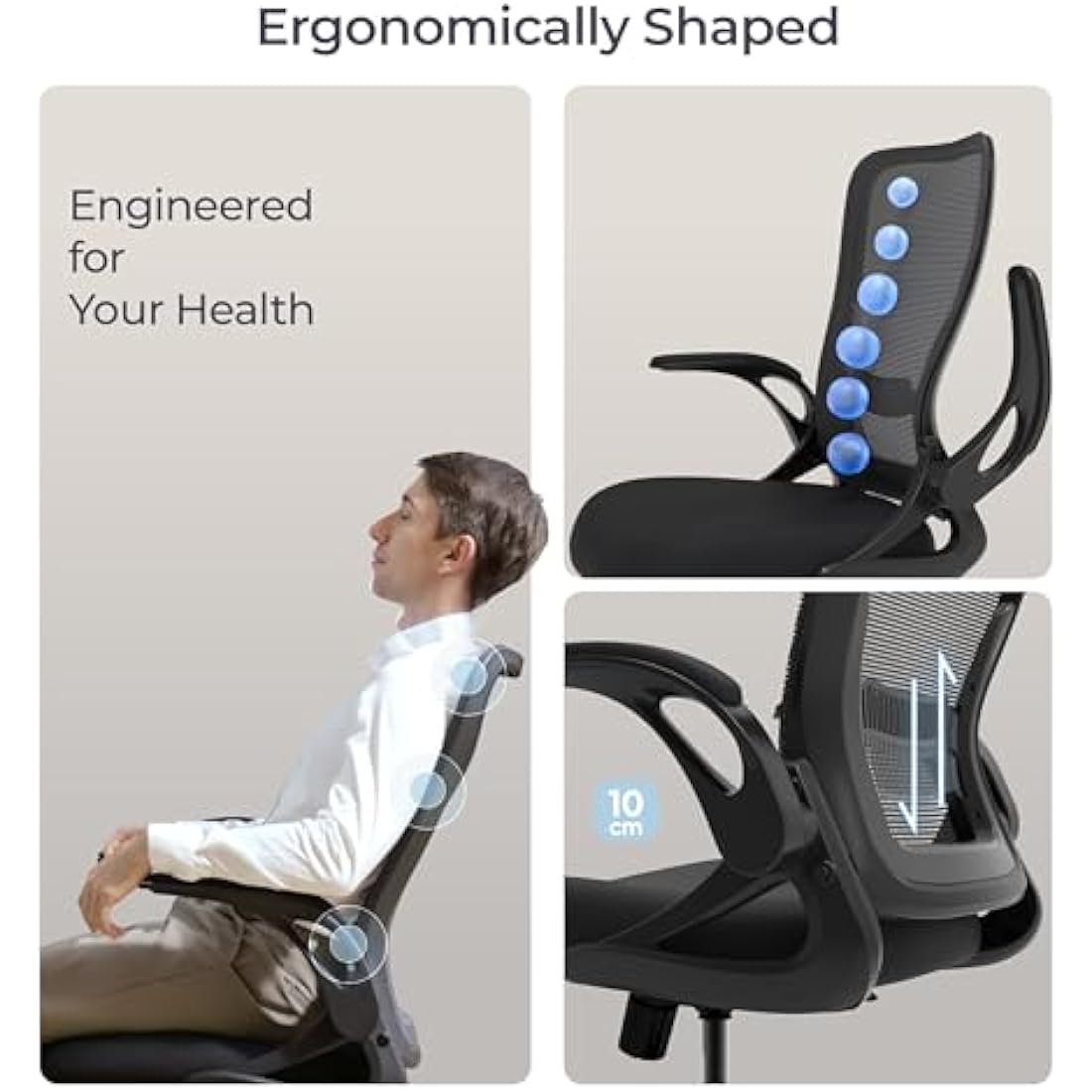 Tervo Model U – Foldable Ergonomic Mesh Office Chair with Flip-Up Arms