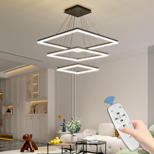 Modern 3-Ring Square LED Chandelier | Dimmable Black Pendant