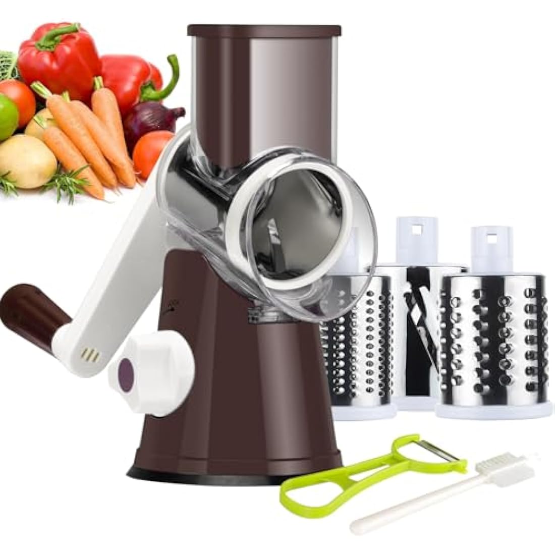 Ourokhome Rotary Cheese Grater | 3-Blade Manual Mandoline Slicer - Coffee