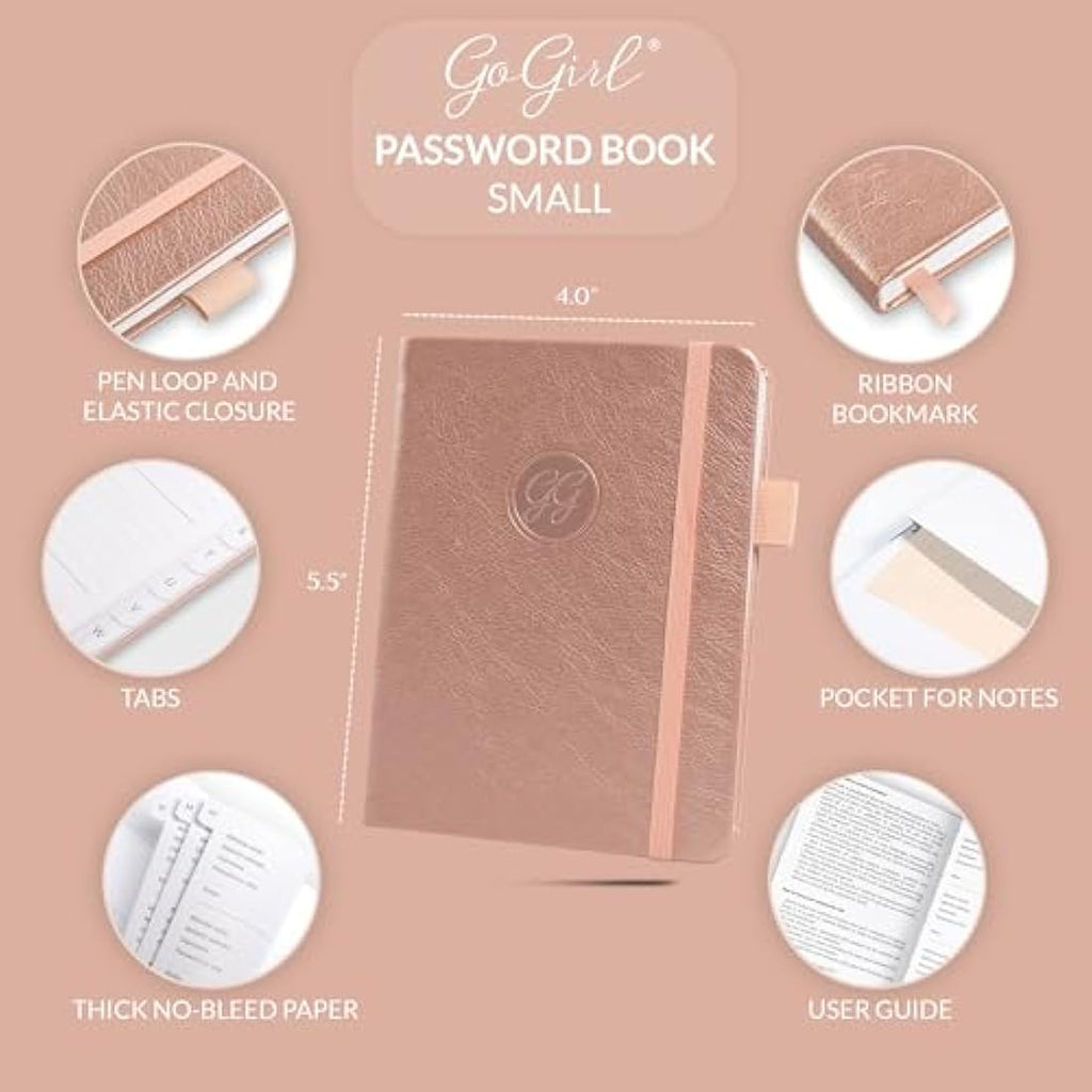 GoGirl Password Book with Alphabetical Tabs – Rose Gold Logbook