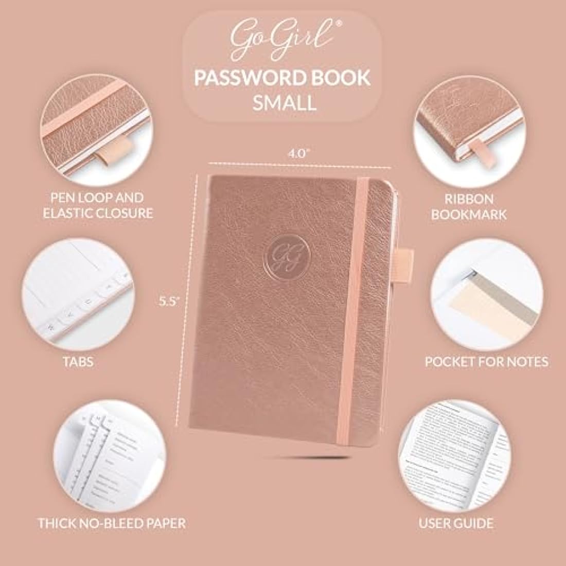 GoGirl Password Book with Alphabetical Tabs – Rose Gold Logbook