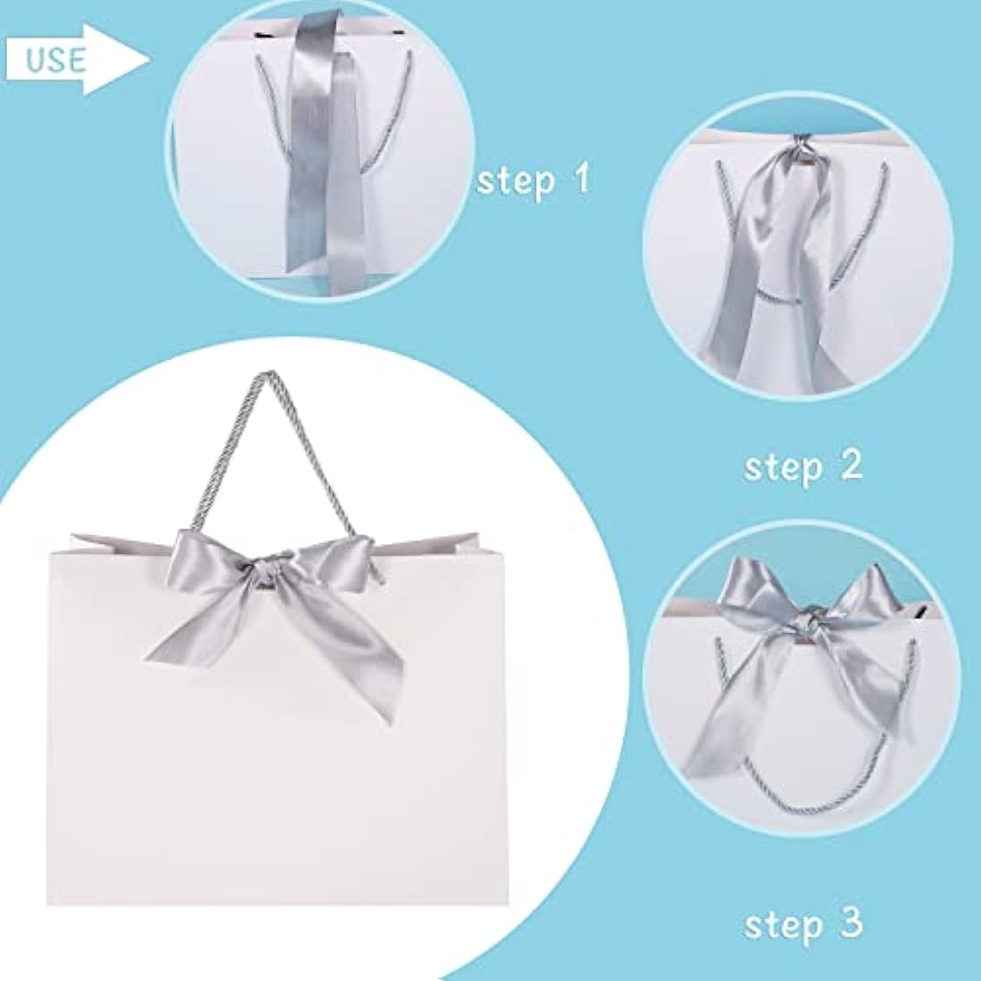 Jolof Store White Paper Gift Bags with Silver Bows - 10 Pack Large
