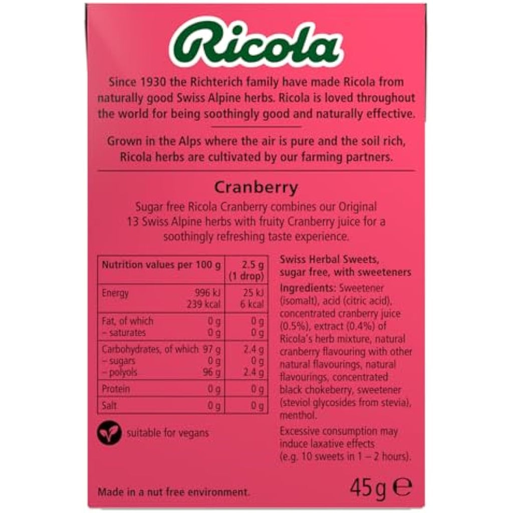 Ricola Cranberry Sugar Free Swiss Herbal Sweets - 45g Box (Pack of 20)