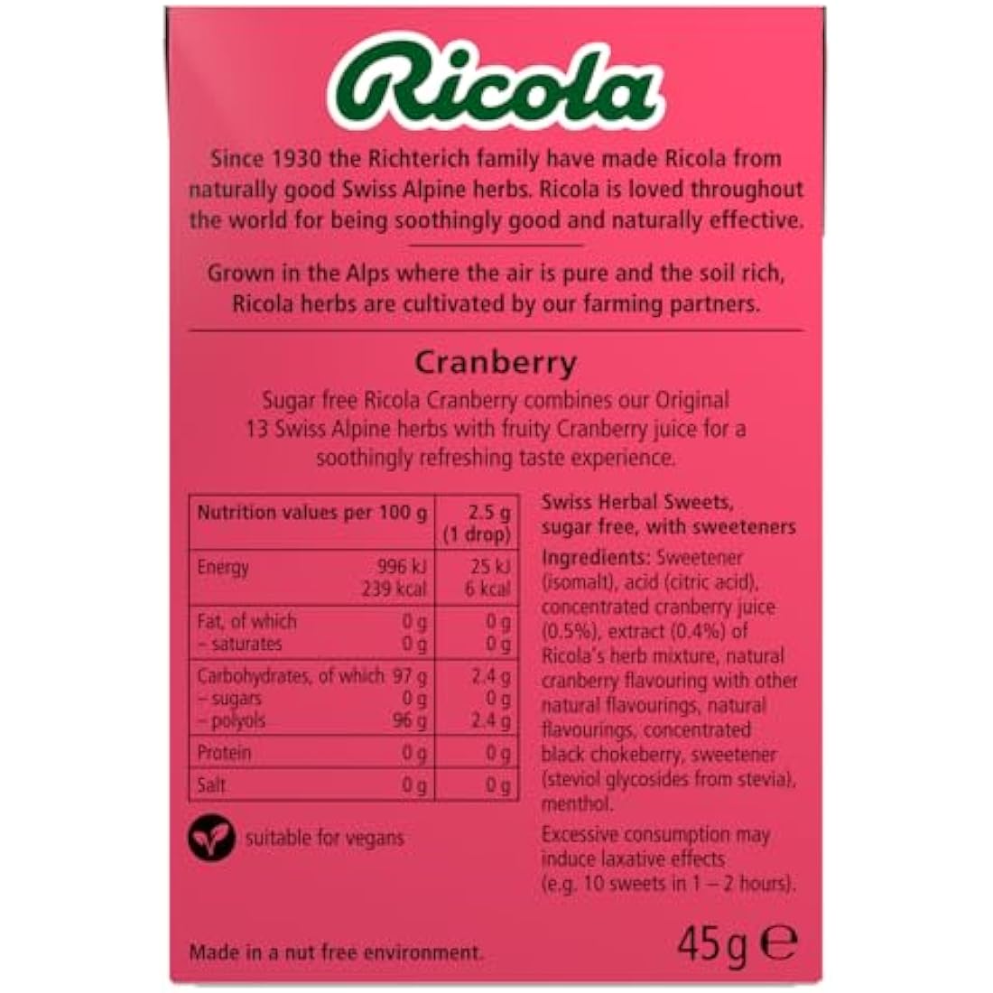 Ricola Cranberry Sugar Free Swiss Herbal Sweets - 45g Box (Pack of 20)
