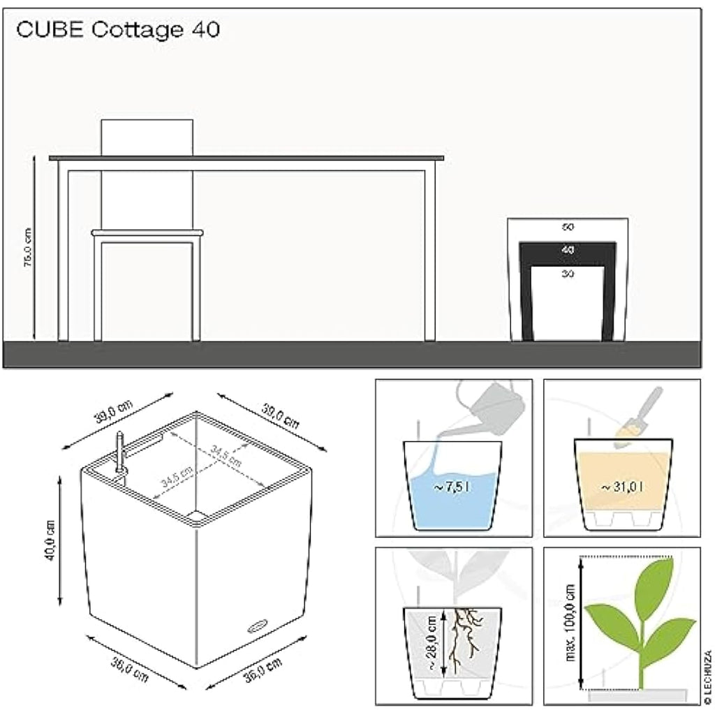 Lechuza CUBE Cottage 40 Self-Watering Planter - Rattan Look Granite