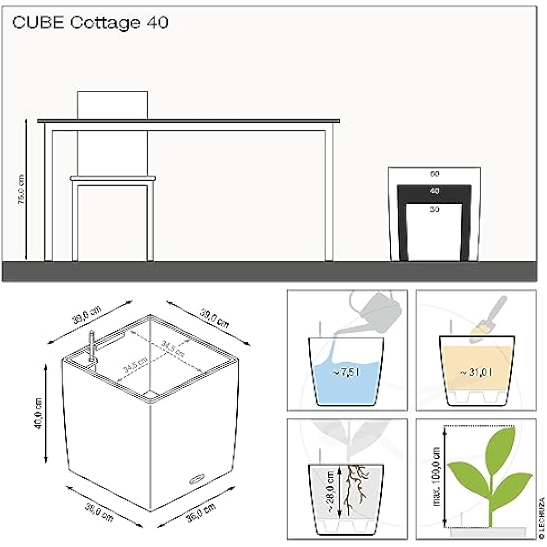 Lechuza CUBE Cottage 40 Self-Watering Planter - Rattan Look Granite