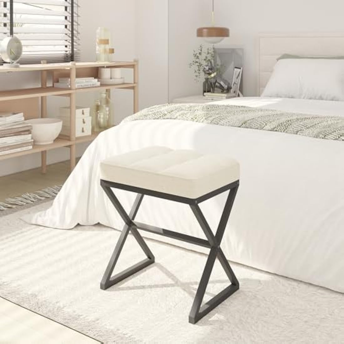 YMYNY Linen Vanity Stool – Square Ottoman with X-Shaped Metal Legs