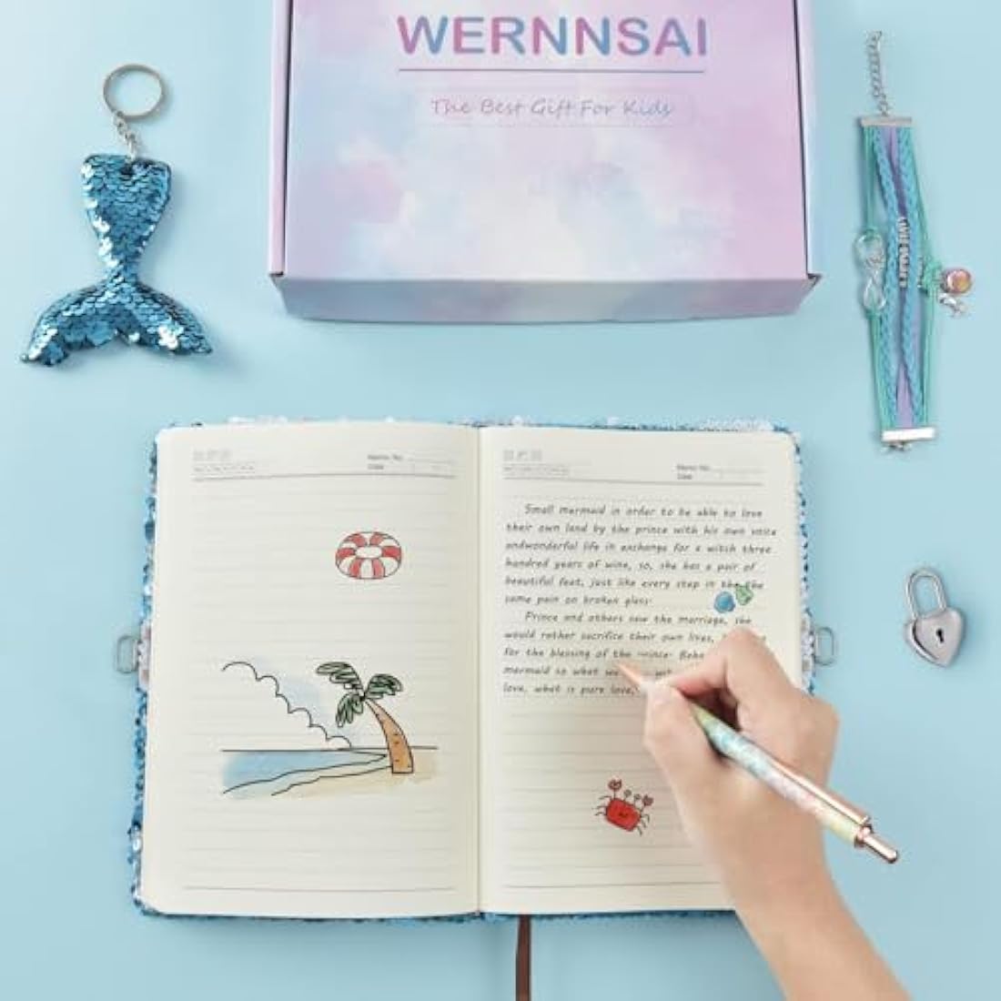 WERNNSAI Mermaid Sequin Secret Diary with Lock - Girls A5 Journal Gift Set