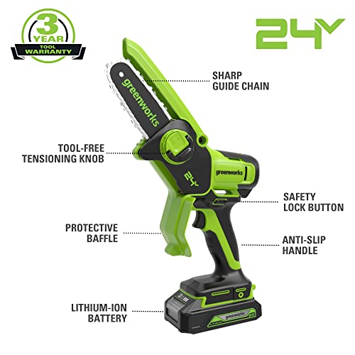Greenworks 24V Mini Chainsaw | 4 Inch Cordless Electric Saw for Trees