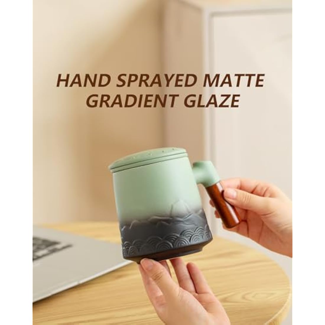 ZENS Ceramic Tea Infuser Mug with Wood Handle and Lid - 500ml Green