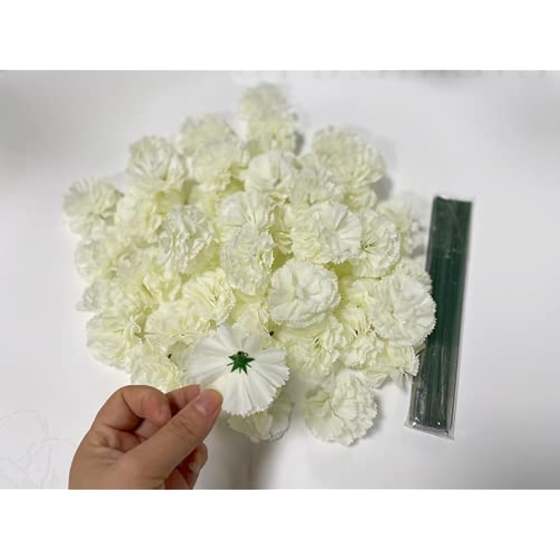 50pc White Silk Carnation Flower Heads with 8" Wired Stems