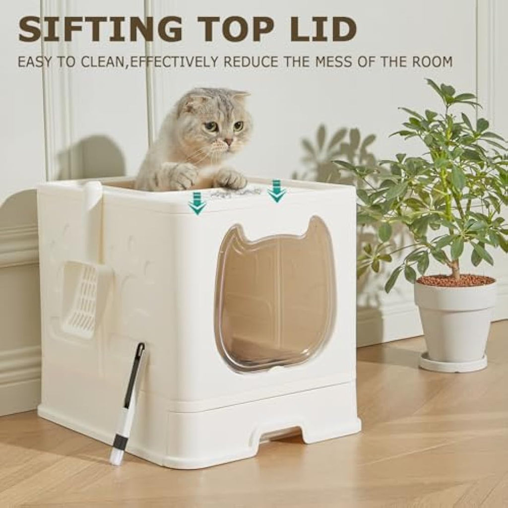 Pawsayes Cat Litter Box – Foldable Top Entry Tray with Drawer and Scoop