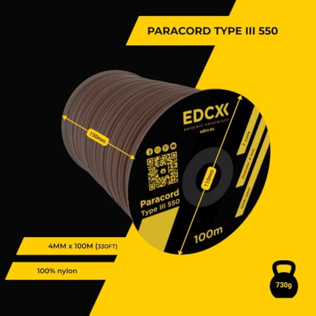 EDCX 550 Paracord Type III – 4mm Nylon Rope for DIY, Camping & Survival