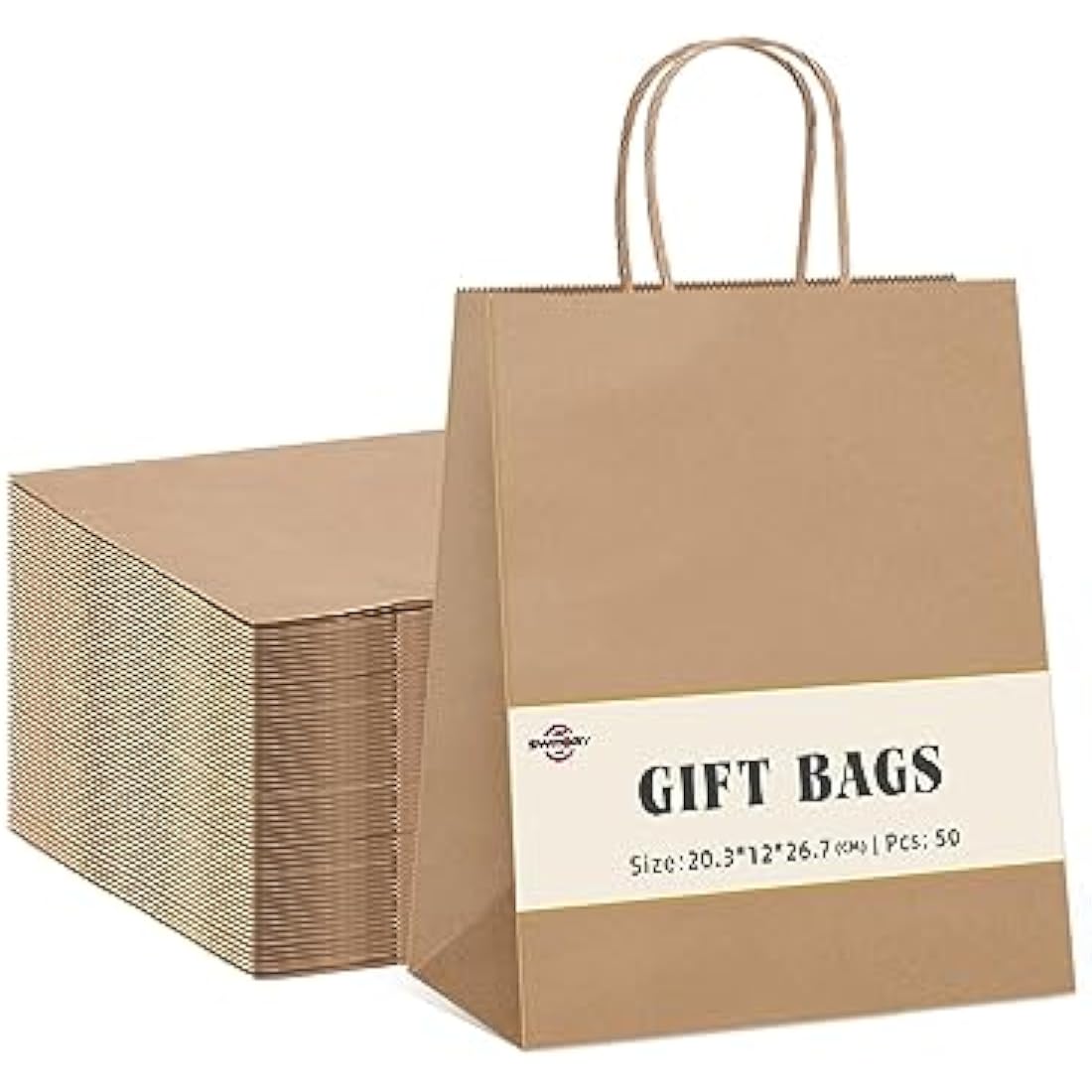 Switory Brown Kraft Paper Gift Bags with Handles | 50 Pack | 8x4.75x10.5"