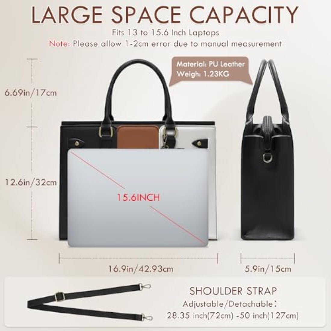 RAINSMORE 15.6 Inch Laptop Tote Bag – PU Leather Work Handbag for Women