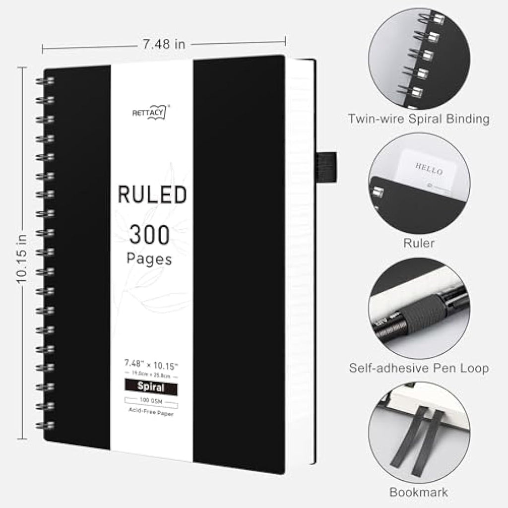 RETTACY B5 Spiral Notebook | 300 Pages College Ruled 100gsm Paper – Black