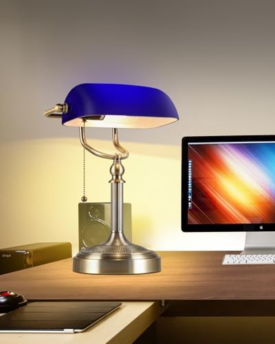 Blue Glass Bankers Desk Lamp – Adjustable Vintage Office Light