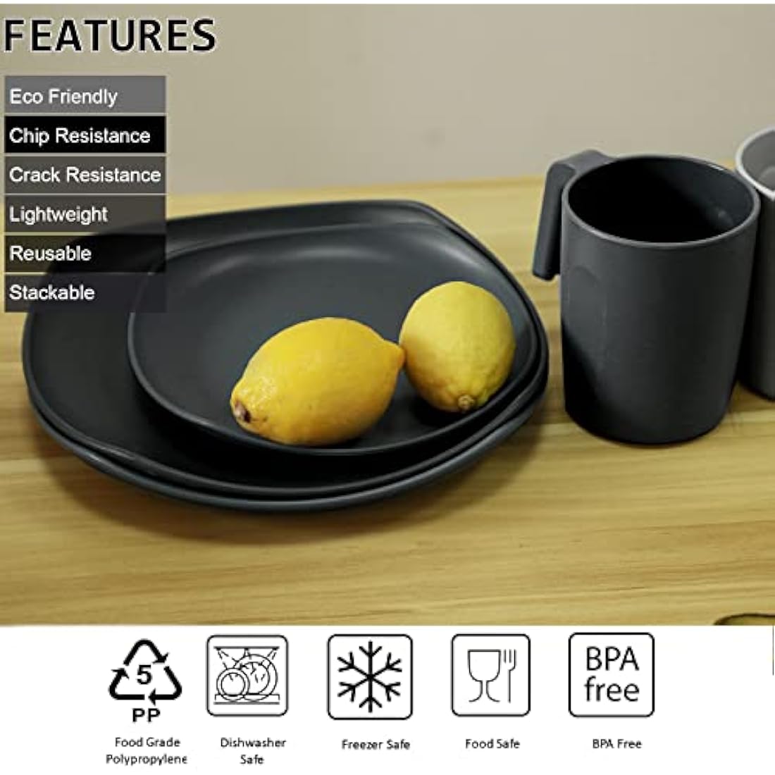 Greentainer 16-Piece Unbreakable Plastic Dinnerware Set - Grey Service for 4