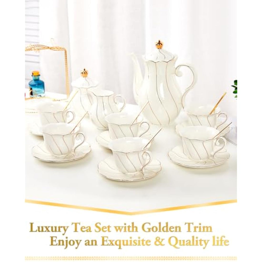 DUJUST 22-Piece White Porcelain Tea Set | Luxury British Style with Stand