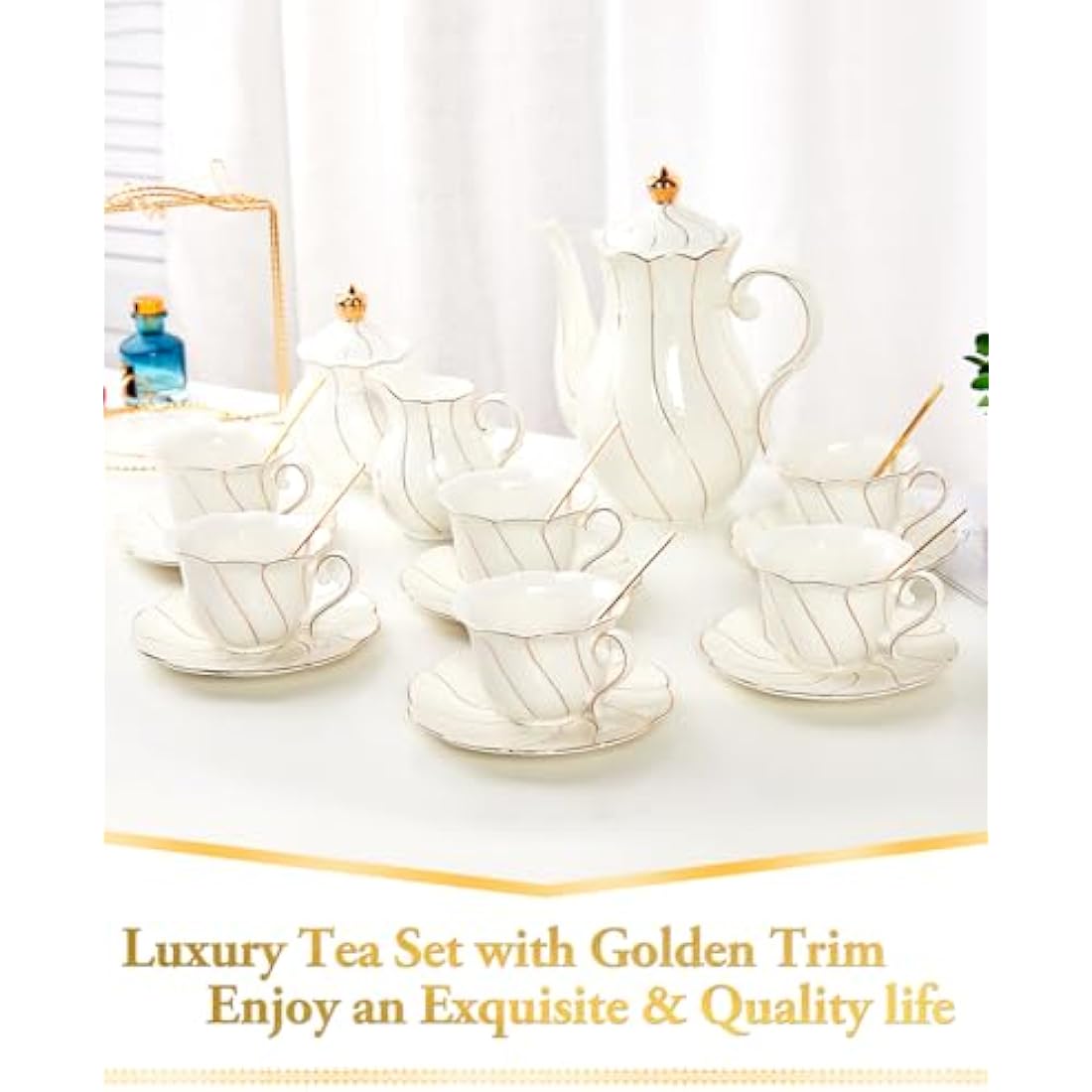 DUJUST 22-Piece White Porcelain Tea Set | Luxury British Style with Stand