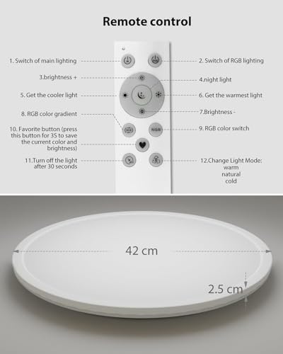 Peasur 42cm LED Ceiling Light | 32W Dimmable RGB Flush Mount with Remote