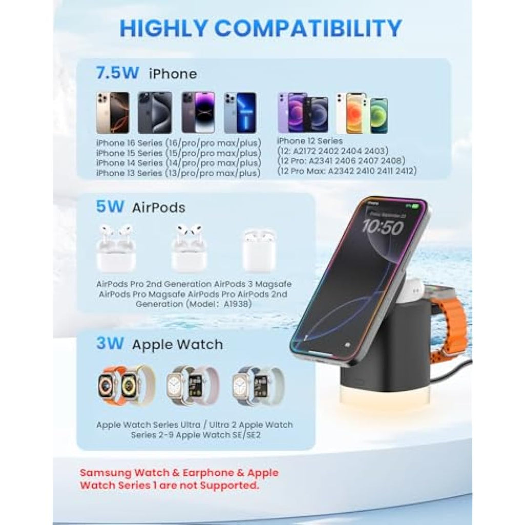 JoyGeek 3-in-1 Magnetic Wireless Charging Station for iPhone & Apple Watch